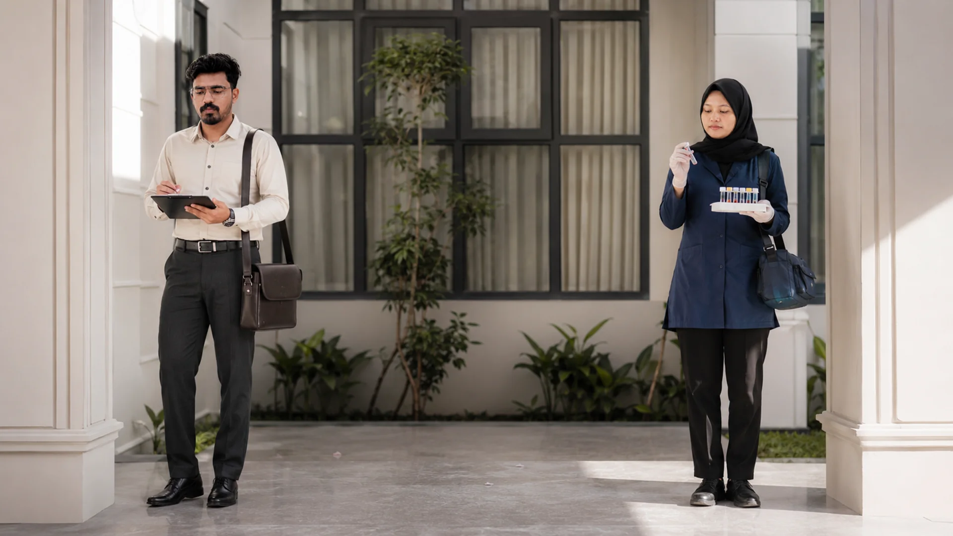 Mohamed Badusha and Mumthas Nadeera standing apart in their everyday work attire