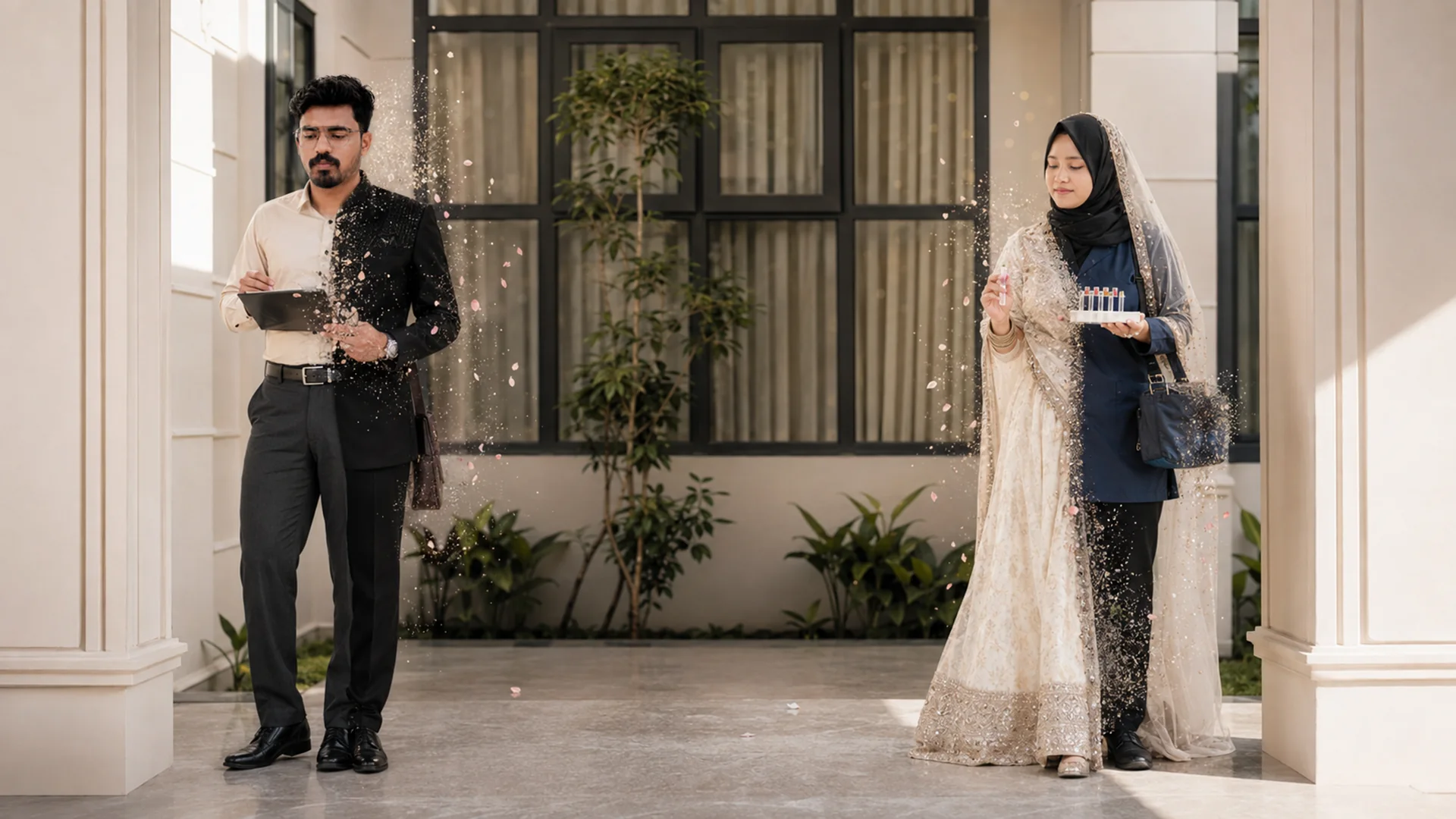 Their everyday work clothes transforming halfway into wedding attire