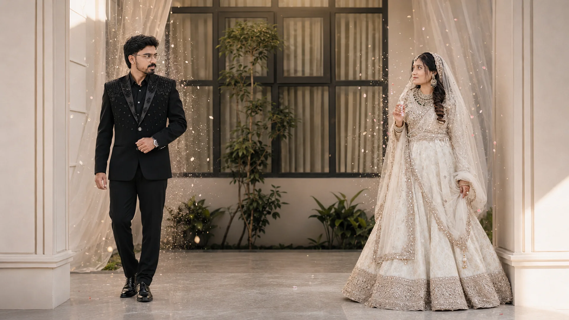 The couple fully dressed for the wedding and still standing apart